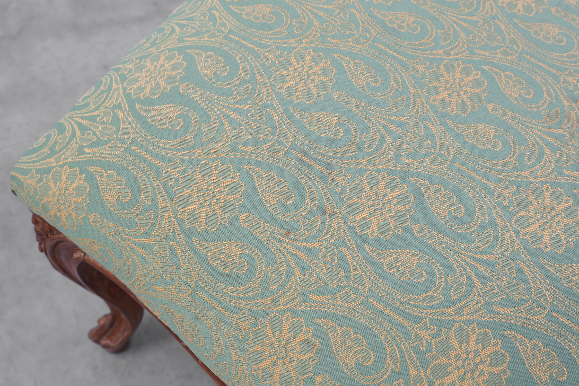 Louis XV stool with carved floral apron and original damask upholstery, France ca. 1900thumbnail
